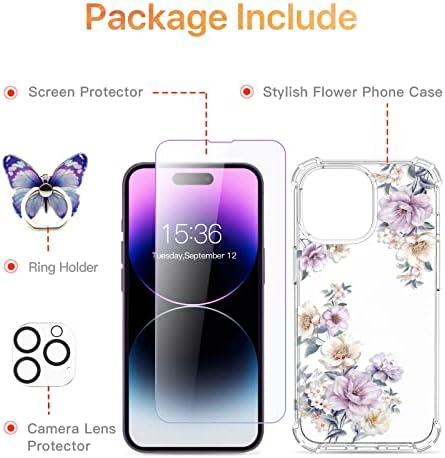 Roseparrot [4-in-1] iPhone 14 Pro Max Case עם מגן מסך זכוכית מחוסמת + מגן עדשת מצלמה, ברור עם עיצוב